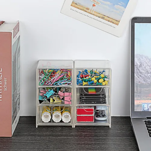 Vista 7 de BTSKY Paquete de 2 pequeños organizadores de almacenamiento de acrílico con cajones, organizador de escritorio transparente de 3 capas