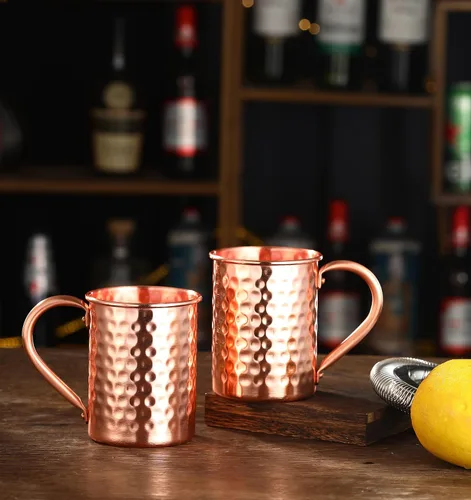 Vista 5 de Moscow Mule - Juego de 4 tazas de cobre puro, hechas a mano de cobre 100% puro, acabado martillado, mango remachado