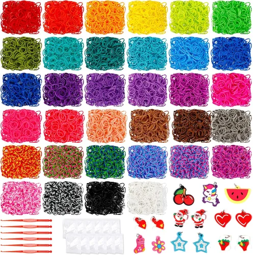 17160+ Kit de repuesto de bandas de goma para telar en 34 colores con 600 clips, 6 ganchos, 1 instrucción, kit de fabricación de pulseras prémium