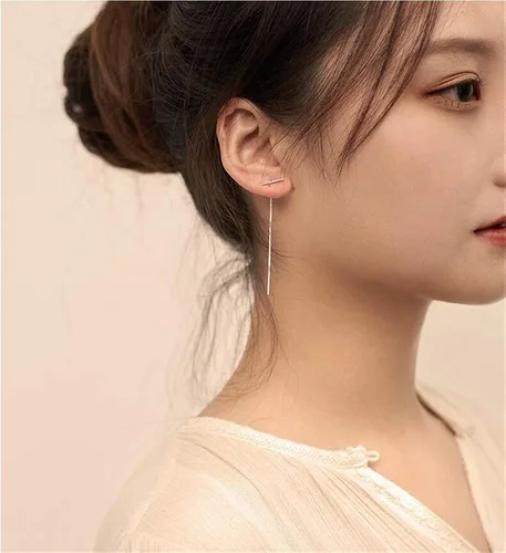 Vista 3 de Pendientes minimalistas para mujer y niña S925 de plata de ley con borla larga colgante de hilo de alambre simple piercing de oreja con cierre