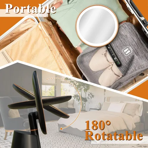 Vista 4 de NeuType Espejo redondo con luces, espejo de maquillaje iluminado con aumento de 10X, espejo de tocador LED de mano con botón inteligente, rotación