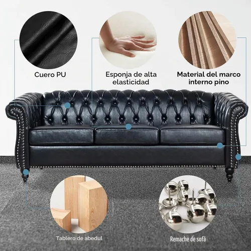 Vista 6 de Chesterfield Sofás para sala de estar, brazo enrollado negro de 3 plazas, cuero sintético de 84 pulgadas, sofá grande con botón profundo con cabeza