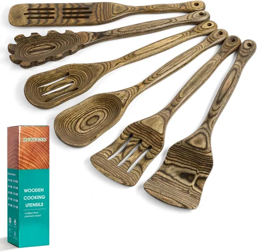 Juego de utensilios de cocina de madera de Pakkawood de 6 piezas Cucharas de cocina de madera con espátula ranurada, volteador, cuchara de