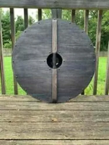 Vista 4 de Escudo vikingo de lobo gris medieval Fenrir - Auténtico escudo hecho a mano listo para la batalla - Totalmente funcional