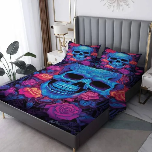Vista 11 de Juego de sábanas de calavera tamaño individual, sábanas de microfibra suave con bolsillo profundo, sábanas y fundas de almohada estampadas sin