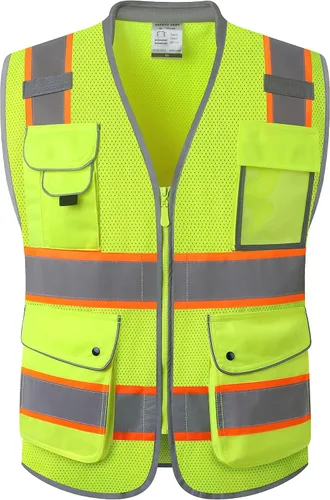 Vista 16 de JKSafety Chaleco de seguridad frontal con cremallera de alta visibilidad Clase 2 de 9 bolsillos con tiras reflectantes, cumple con las normas