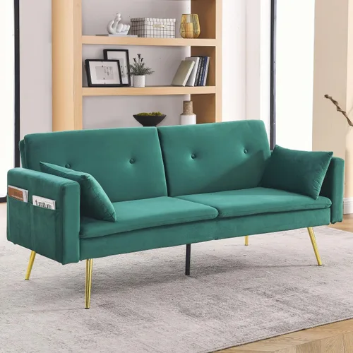 Vista 18 de HMFULE Sofá cama convertible con patas de madera maciza, tela de lino, moderno sofá futón tapizado ajustable para espacio de vida compacto, azul