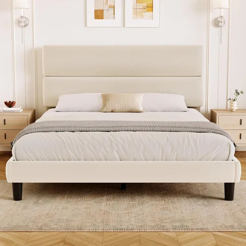 Vista 12 de GRUSIGN Base de cama de plataforma de tamaño matrimonial con cabecera de terciopelo, soporte de listones de madera de altura ajustable, base