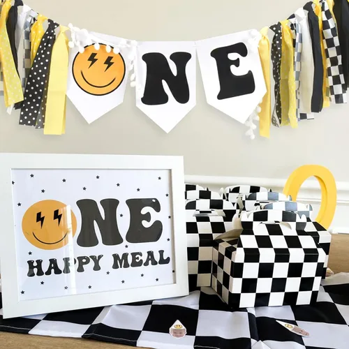 Vista 5 de Cartel para silla alta con texto en inglés «One Happy Dude para decoración de primer cumpleaños, decoración de fiesta de cumpleaños, guirnalda