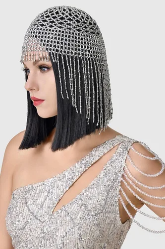 Vista 2 de BABEYOND Banda de los años 20 con cuentas - Diadema flapper y Cleopatra para fiesta temática de Gatsby Plateado