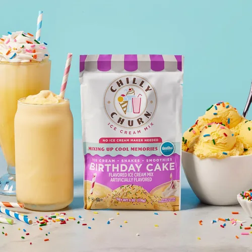 Vista 6 de Chilly Churn Helado con sabor a pastel de cumpleaños, batidos y batidos, uso con batidora de mano, licuadora, crema de encimera, máquina de helados