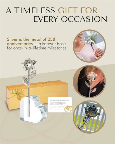 Vista 5 de Forever Rose Rosa real sumergida en plata, rosa preservada hecha a mano en jarrón de corazón acrílico y caja de regalo dorada de lujo, regalo