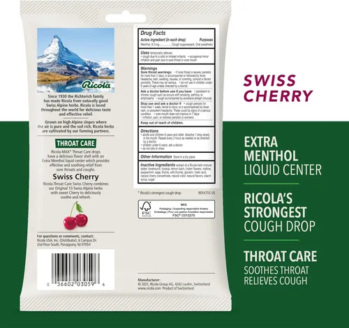 Vista 7 de Ricola Max Honey Lemon & Swiss Cherry - Bolsas grandes para el cuidado de la garganta con centro líquido, 34 unidades (paquete de 2)