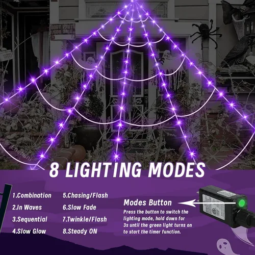 Vista 2 de Luces de telaraña para decoración de Halloween al aire libre de 16.4 pies de telaraña gigante, decoración iluminada, 135 luces LED moradas