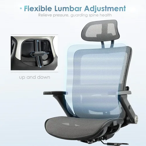 Vista 7 de Silla de oficina ergonómica de malla, silla de escritorio ejecutiva para computadora de respaldo alto con reposacabezas y reposabrazos abatibles 4D