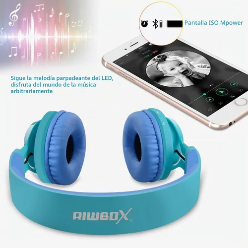 Vista 4 de Riwbox WT-7S audífonos estéreo plegables con Bluetooth y luces, inalámbricos, con micrófono y control de volumen para computadora, teléfonos