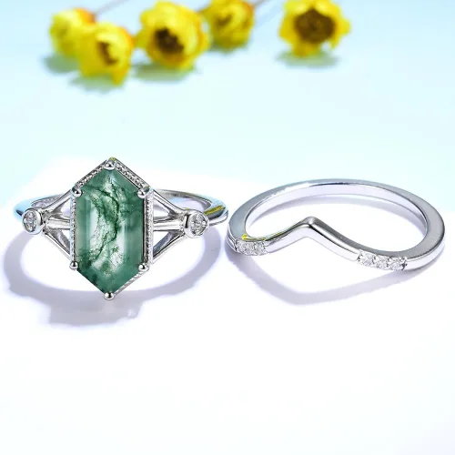 Vista 4 de Anillos de piedras preciosas de ágata musgo natural para mujer, anillos de plata esterlina 925 maciza para mujer, anillo de compromiso hexagonal