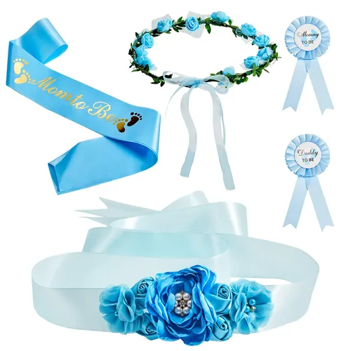 Xinnun Kit de 5 bandas de maternidad para baby shower, banda de hombro y alfiler, corona de flores, corona de flores, banda para embarazo, tocado de
