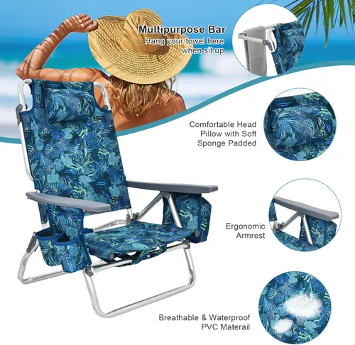 Vista 8 de GYMAX Sillas de playa, silla de camping con reposabrazos, bolsa refrigeradora, soporte para tazas, barra de toalla y bolsillos laterales, silla