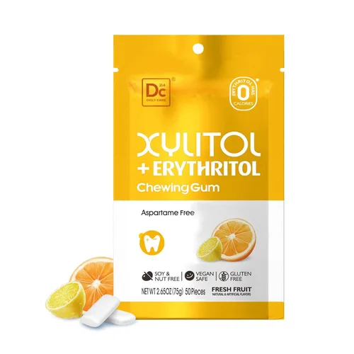 DC24 DAILY CARE Goma de mascar sin aspartamo y sin azúcar, xilitol con eritritol, baja en calorías, sin azúcar, goma de mascar con sabor a fruta