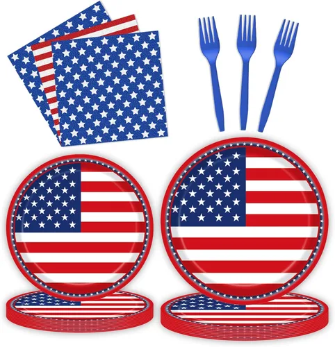 96 piezas de platos y servilletas de papel con bandera americana para fiesta patriótica y tenedores, suministros desechables para mesa, juego de