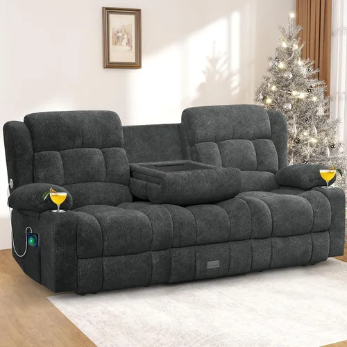 Vista 25 de Juego de sofá reclinable loveseat con 2+1 piezas, 2 plazas estilo minimalista reclinable manual con tirador, loveseat con puertos de carga USB