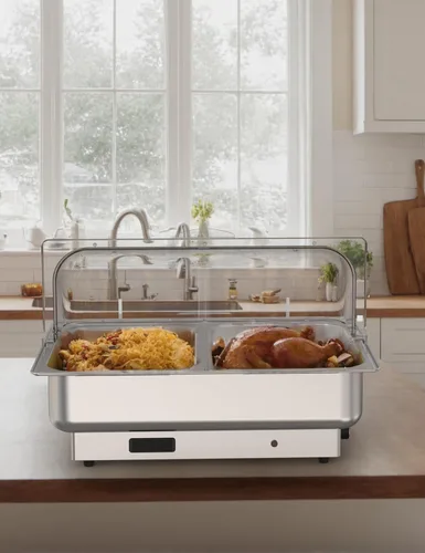 Vista 6 de Garvee Juego de bufé de platos de roce eléctrico, calentador de alimentos de 9 cuartos de galón con tapa de policarbonato transparente, con 1 sartén