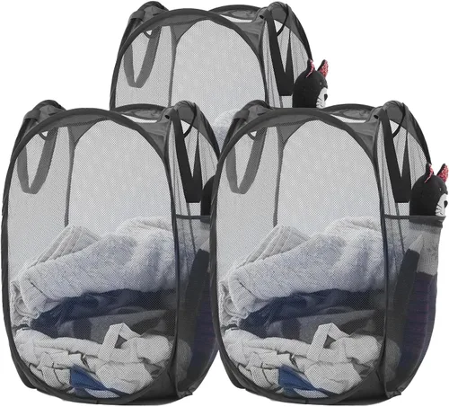 Vista 32 de TECHMILLY Cesta plegable de malla para la ropa sucia con asas resistentes y bolsillo lateral, cestas plegables portátiles para ropa para dormitorio