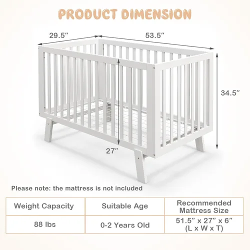 Vista 6 de BABY JOY Cuna de madera para bebé, cuna de madera de goma con base de soporte de colchón ajustable de 3 alturas y barandillas de longitud completa