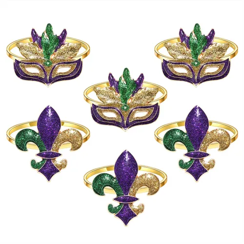 Juego de 6 servilletas de Mardi Gras con purpurina para máscara de flor de lis, accesorios para mesa de comedor, servilletas decorativas para