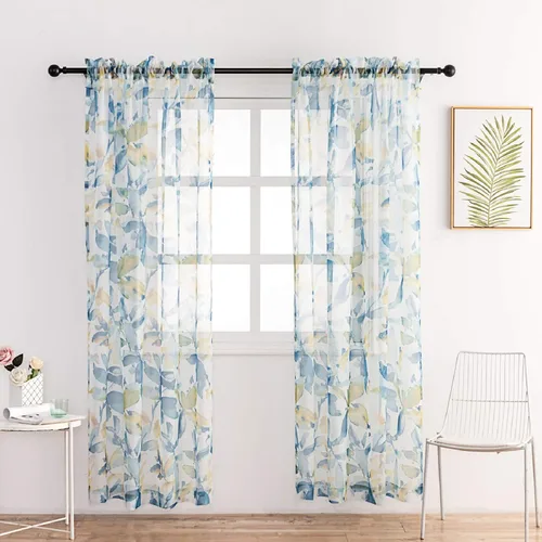 Vista 2 de VISIONTEX Cortinas transparentes con estampado de gasa, estilo abstracto europeo, estampado de hojas azules y amarillas, 2 paneles para decoración