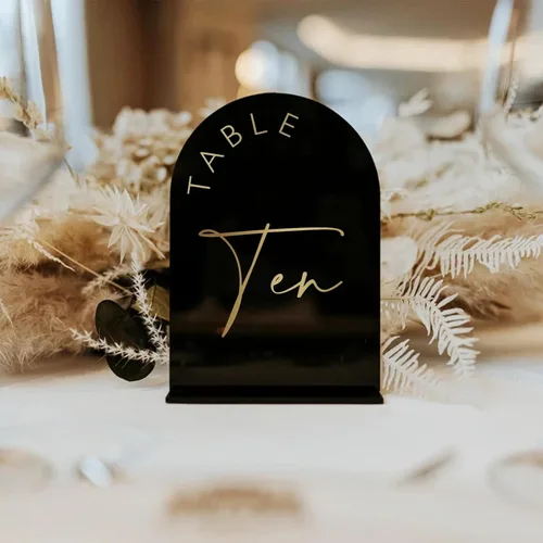 Vista 6 de Mesa de boda arqueada negra con números 1-10 con soportes, letrero acrílico de arco negro de 5 x 7 pulgadas con letras doradas, números de mesa