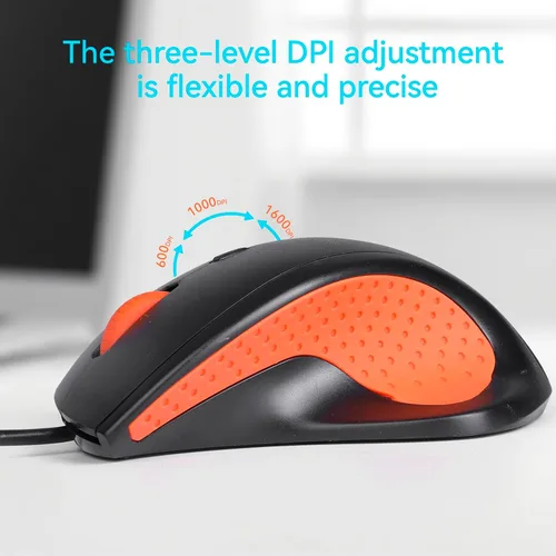 Vista 12 de ONE-UP Mouse de oficina con cable, diseño ergonómico, agarre de silicona antideslizante, 600/1000/1600 DPI ajustable, cable de 5 pies, compatible
