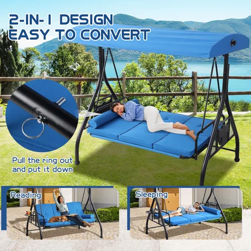Vista 2 de Columpios de porche para exteriores de 3 asientos con toldo ajustable, banco de columpio para patio con soporte, cama columpio resistente