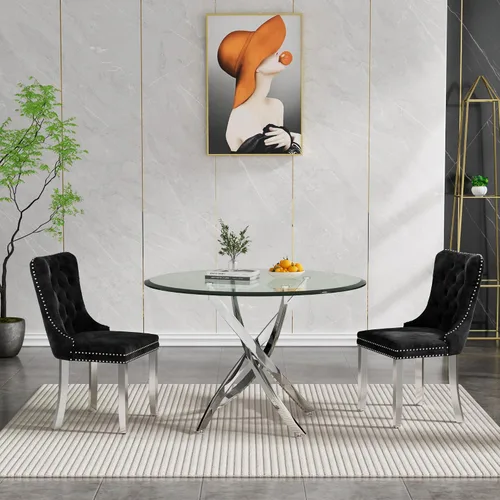 Vista 50 de Juego de mesa de comedor SSLine moderno de 3 piezas con mesa redonda de vidrio para 2, lujosa mesa de comedor circular de 36" con tapa de vidrio