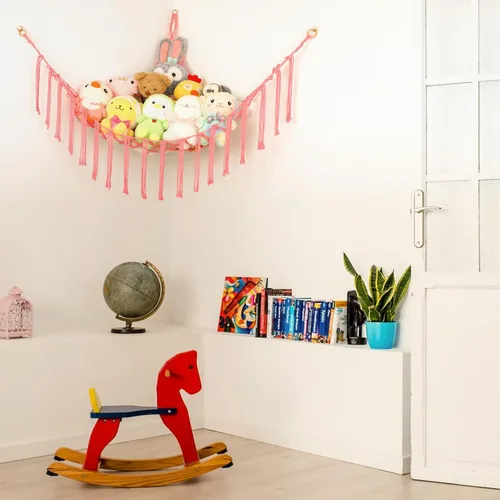 Vista 4 de Hamaca Esquinera para Animales de Peluche, Red Grande Tejida a Mano para Hamaca de Juguetes de Peluche con Anillos de Madera Almacenamiento Boho