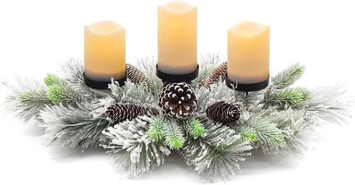 Adorno central navideño para mesa, piñas de nieve y agujas de pino hechas a mano con 3 portavelas para mesa de comedor y repisa de chimenea - 70 cm