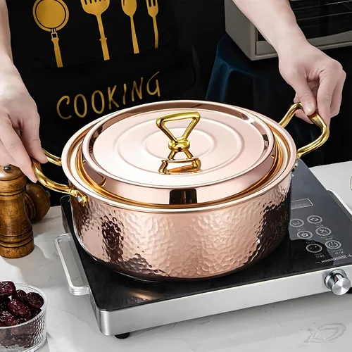 Vista 4 de YJX Olla martillada de 6.7 cuartos de galón con tapa, oro rosa cobre, acero inoxidable de tres capas, utensilios de cocina multifuncionales