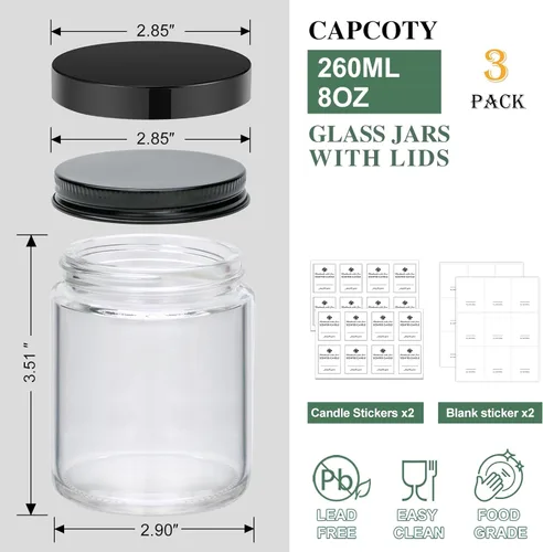 Vista 2 de Maredash Paquete de 3 tarros de vidrio de 8 onzas con tapas de regalo para mujeres, tarros de velas, tarros de vidrio para velas, muestras