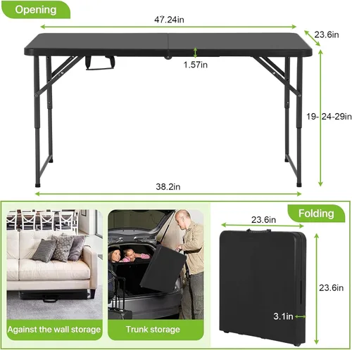 Vista 3 de Mesa plegable de 4 pies de altura ajustable con mango integrado, mesa plegable portátil resistente de 4 pies con patas de acero para campamento