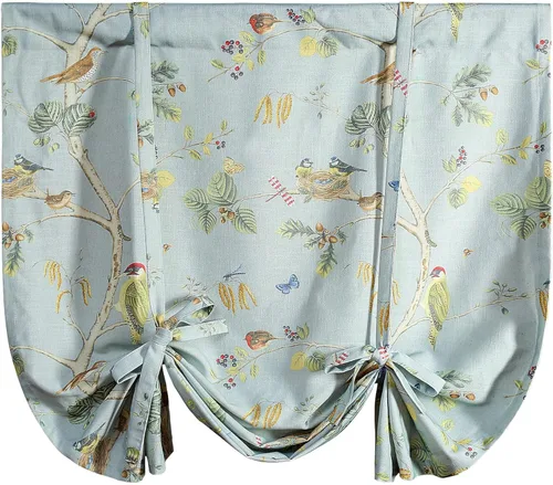 Vista 31 de Leeva Elegantes cortinas azules con pájaros en capas para sala de estar, cortinas de media ventana con textura de lino, bolsillo para barra