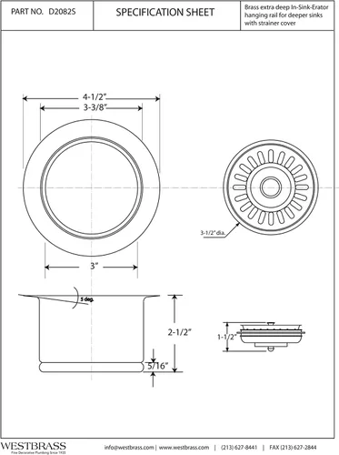Vista 5 de Westbrass D2082S-50 3-1/2" Cuello Extra-Profundo Fregadero de Cocina Eliminación de Residuos Brida y Tapón Colador, Revestimiento en Polvo Blanco