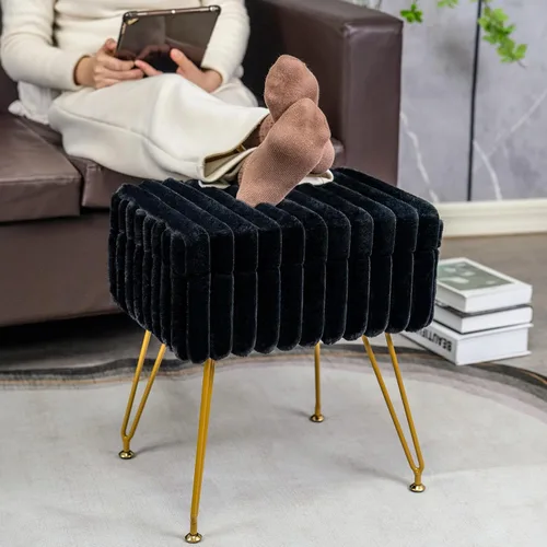 Vista 7 de xuperbonus Taburete de tocador de piel sintética negra con otomana de almacenamiento, silla de tocador para sala de maquillaje, taburetes de tocador