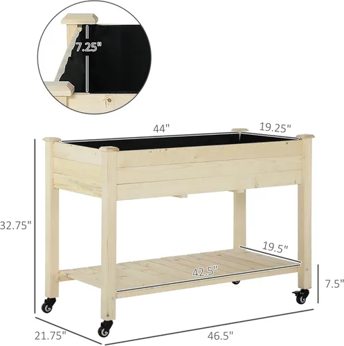 Vista 7 de Outsunny Cama de jardín elevada, 47 x 22 x 33 pulgadas, maceta de madera elevada con ruedas bloqueables, estante de almacenamiento y forro de cama