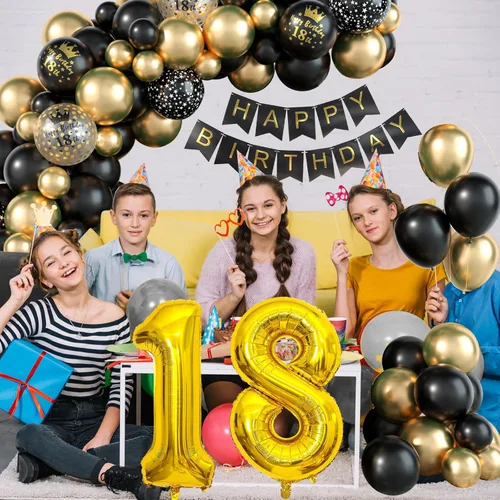 Vista 4 de Decoraciones de Cumpleaños 18 para Niños Globos Negros y Dorados Kit de Arco de Guirnalda con Número 18 Globo de Confeti de Papel de Aluminio