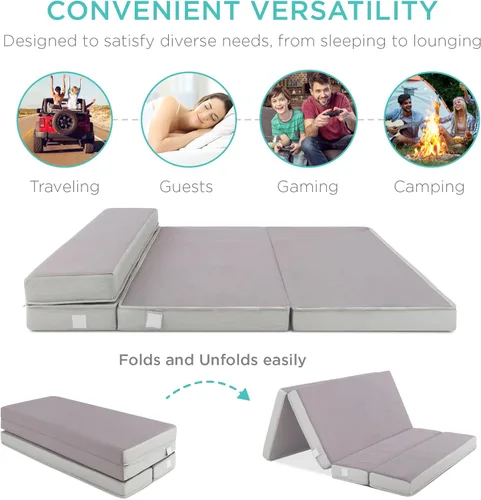 Vista 4 de Best Choice Products 4in Portable Twin-Size Mattress, Tri-Fold Mattress for Camping, Guest, Toddler, Foam Plush w/Carry Case - Grey