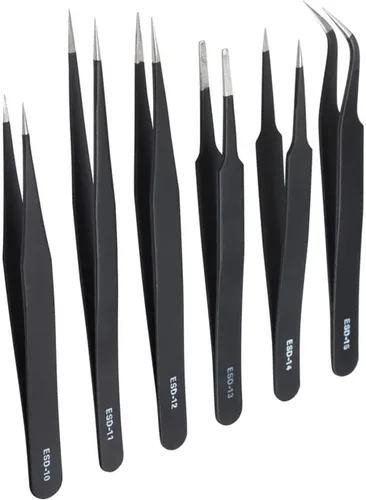 Juego de 6 pinzas de precisión, punta fina, antiestáticas, curvadas de pinzas ESD, electrónica, laboratorio, joyería, manualidades, soldadura