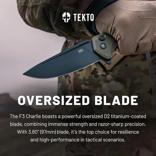 Vista 2 de TEKTO F3 Charlie - Cuchillo plegable con bloqueo de botón, hoja de borde fino, mango táctico OD verde G10, cuchillo de bolsillo fácil de abrir