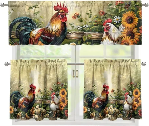 Vista 32 de Upgrad - Juego de cortinas de cocina con diseño de flor de cerezo para ventanas, 3 piezas, cortinas y cenefas para gatos, cortinas pequeñas