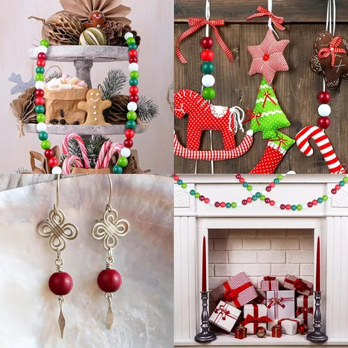 Vista 5 de Jetec 160 cuentas de madera coloridas de Navidad para manualidades de 0.632 pulgadas (0.630 in), rústicas, naturales, redondas, de madera pulida